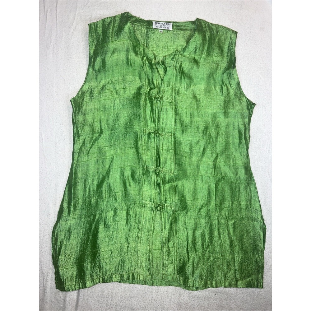 Asian Inspire Tank Tunic Green Thai Silk 100% Silk Vintage Textured Sz 40 / Lg